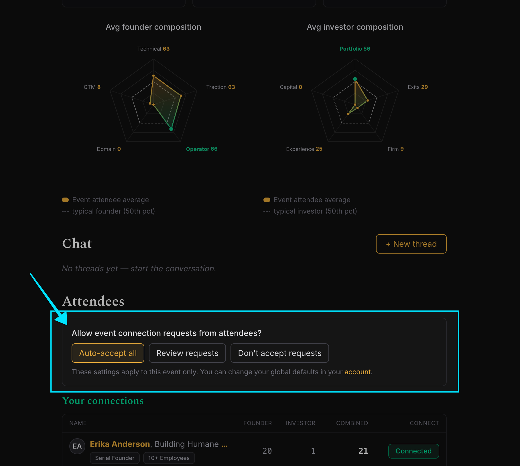 Reviewing and accepting an event connection request
