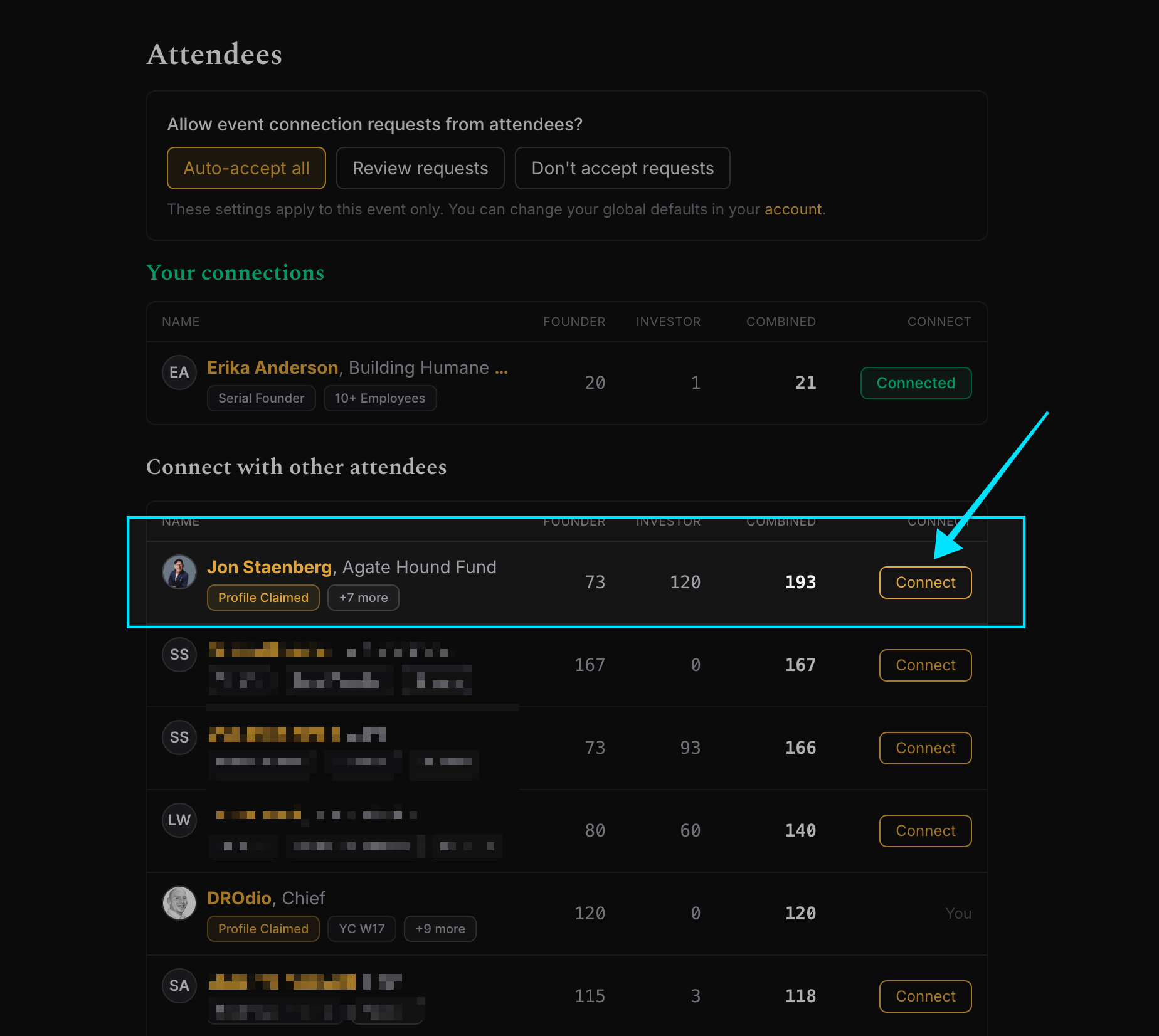Connecting with other attendees on a Founder Festival event page