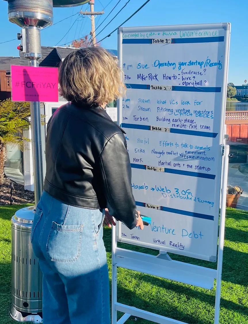 A facilitator building out a table-by-table schedule on a whiteboard from the collected topics.